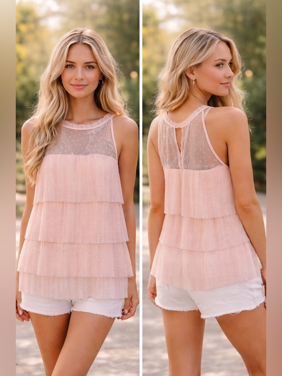 DR2 Tops - DR2 Pink Tiered Pleated Tank Top Halter Polka Dot Chiffon High Neck Keyhole